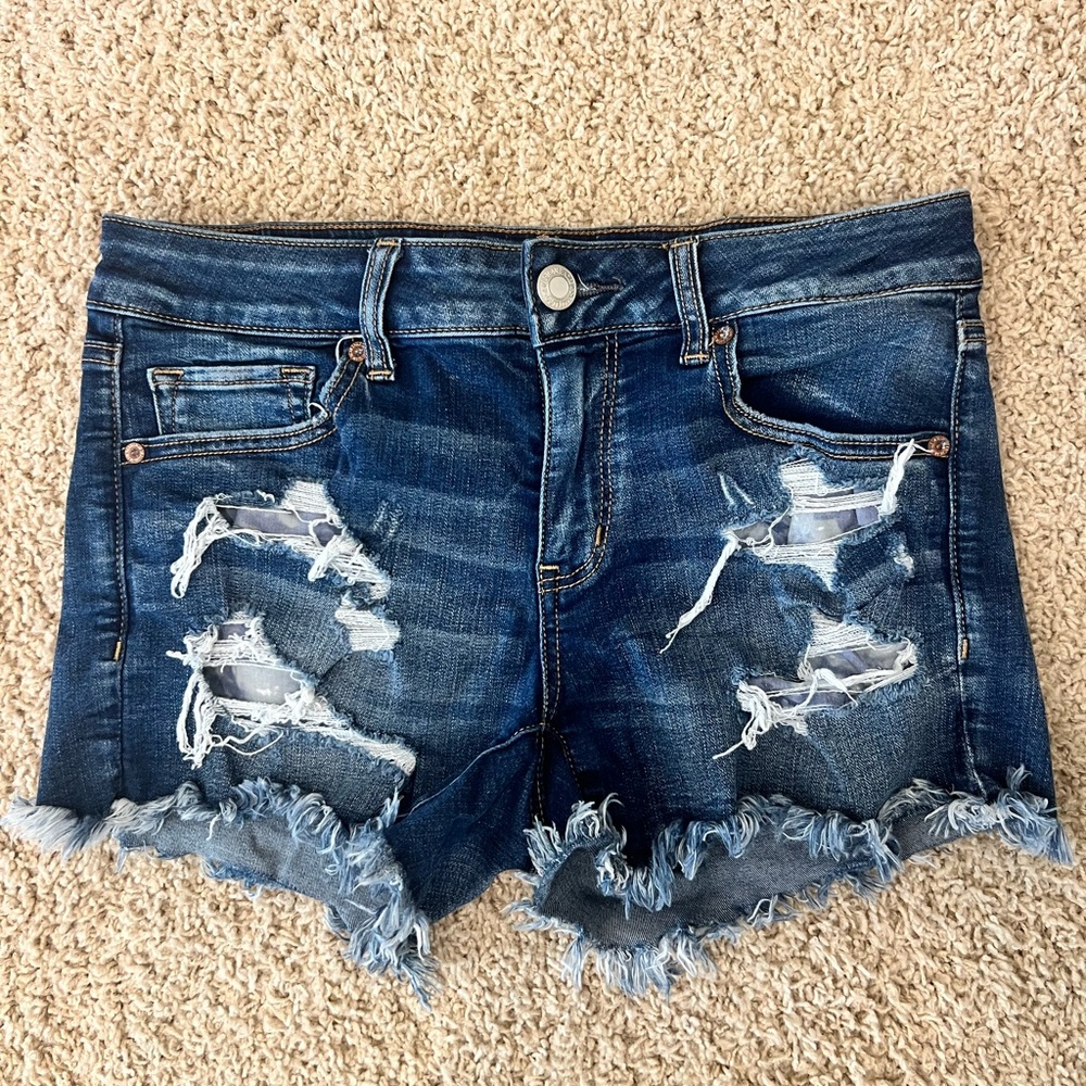 American Eagle Outfitters Dark Blue Distressed Jean Shorts